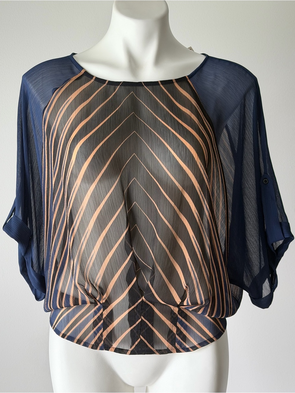 Petticoat Alley Navy & Tan Striped Sheer Dolman Blouse